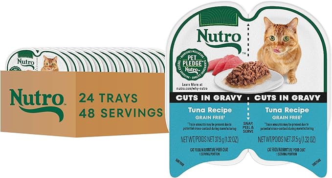 Nutro Perfect Portions Wet Cat Food Cuts in Gravy Tuna Recipe, Cat Food Wet Recipe, 2.64 oz. Twin-Pack Trays (24 Count)