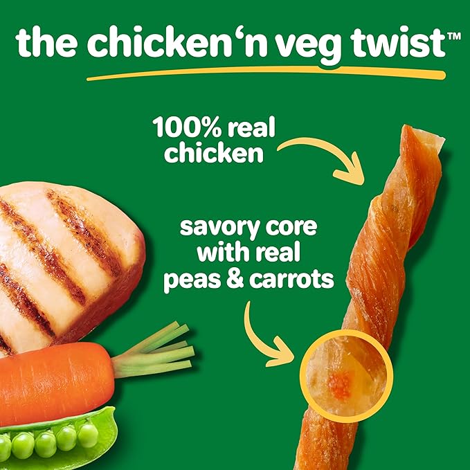 Hartz Oinkies Chicken ‘n Veg Twists with 100% Real Chicken Breast, Peas & Carrot Flavorful Beefhide-Free Natural Dog Treats, 20 Count
