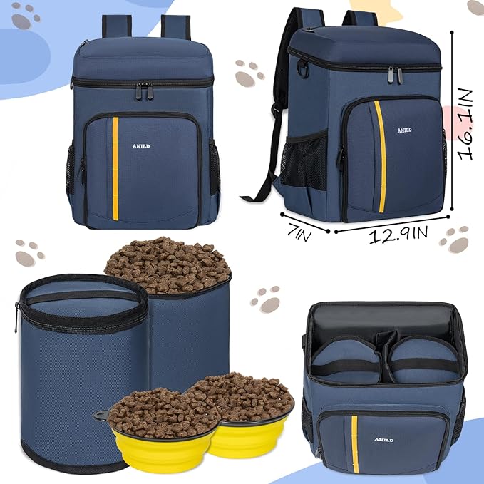 ANILD Dog Travel Bag Backpack, Flight-Ready TSA-Approved Dog Travel Bag with 2 Leak-Proof Food Canisters, 6 Foldable Silicone Bowls, Multi-Compartment Organizer for Hiking, Camping, Dog Mom Essentials