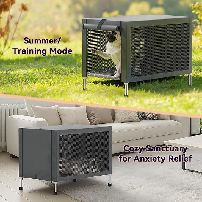 Medium Stainless Steel Elevated Dog Crate with Removable Cover, 2-in-1 Indoor & Outdoor Raised Pet House, Rust-Proof Dog Kennel with Silicone Anti-Slip Feet, Tool-Free Assembly
