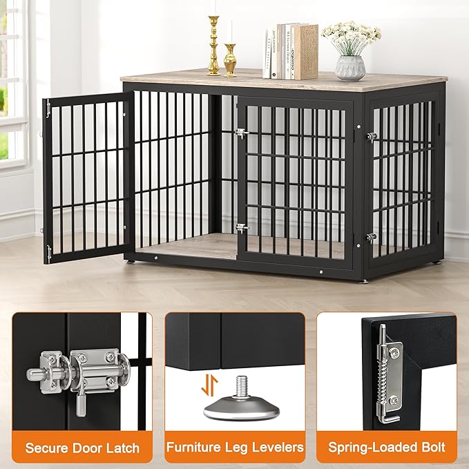 rehomerance 48 Inch Heavy Duty Dog Crate Furniture for Large and Medium Dogs, Decorative Pet House End Table, Wooden Cage Kennel Furniture Indoor, Grey