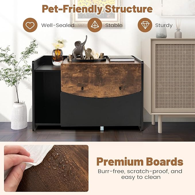 Giantex Cat Litter Box Enclosure - Hidden Cat Washroom Furniture with Rolling Pull-Out Drawer, Flip-up Door, Front Entry, Air Vents, Hanging Hook, Wooden Pet Crate Cat House Storage Cabinet