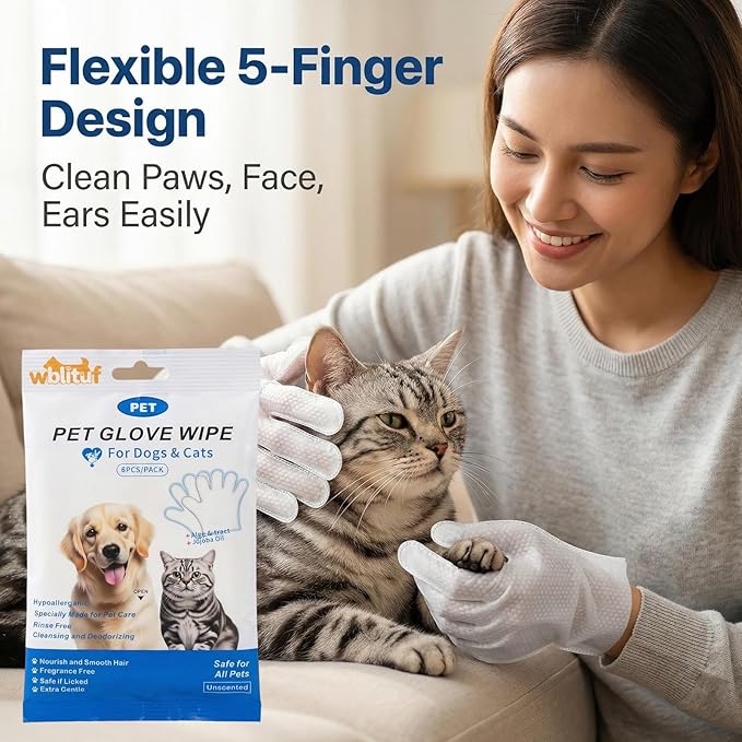 Pet Cleaning Gloves (6 Count) | Extra Thick Disposable Grooming Gloves with Aloe & Jojoba Oil, Waterless No-Rinse Odor Control, Lick-Safe Five-Finger Design for Cats & Dogs