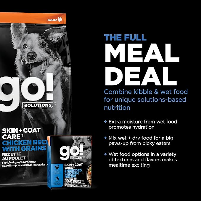 Go! Solutions Skin + Coat Care Chicken Dry Dog Food with Grains, Healthy Kibble with Omega-3s & 6s for Soft, Shiny Fur, for Puppies, Adults, & Seniors, 3.5 lb Bag (Pack of 2)