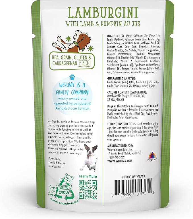 Weruva Dogs in the Kitchen, Lamburgini with Lamb & Pumpkin Au Jus Dog Food, 2.8oz Pouch (Pack of 12), Green