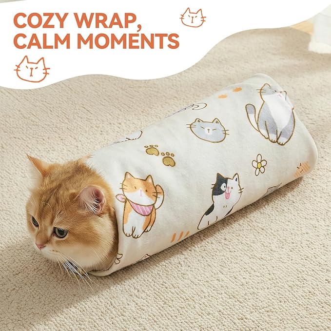BFNN Cat Grooming Wrap for Cutting Nails, 27.6" Anti-Escape Calming Cat Swaddle Wrap for Medicine, Nail Clipping, Teeth Brushing, Ear Cleaning, Self-Adherent Burrito Restraint, (CatLand, L)