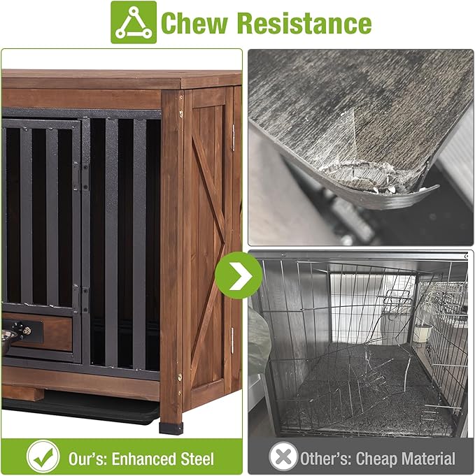 GUTINNEEN Dog Crate Furniture Foldable Dog Kennel for Small Medium Dogs Large Solid Wood Dog House with Bowl Heavy Duty Dog Cage End Table (Dark Brown)
