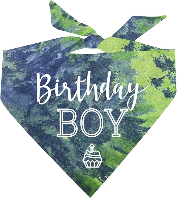 Birthday Boy with Cupcake Dog Bandana | 100% Cotton Tie Dye | Made in USA | Birthday | Pawty | Party Theme | Celebration Supplies | Photoshoot | One Size | Green/Blue Scrunch (214)