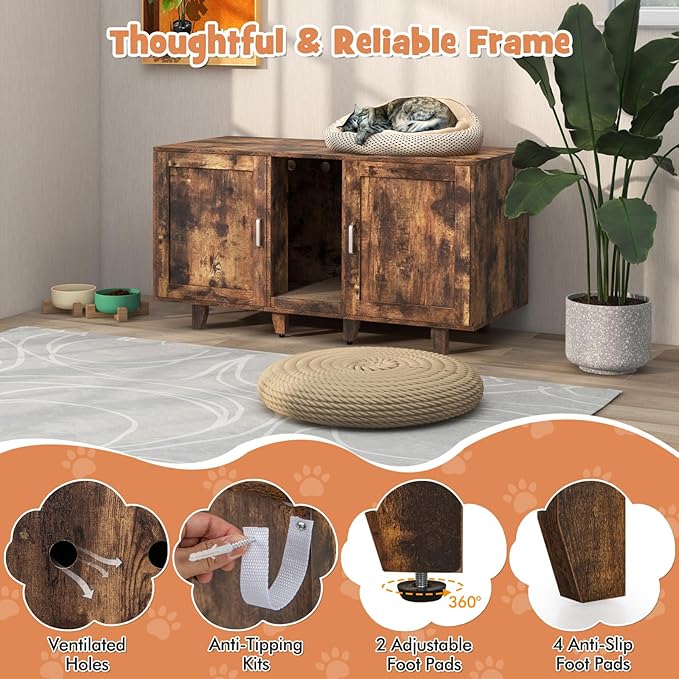 Giantex Cat Litter Box Enclosure - Cat Washroom Hidden Furniture, 2 Storage Cabinets, Removable Cat Scratcher, Air Vents, Detachable Legs, Wood Pet Crate Indoor Cat House TV Stand (Rustic Brown)