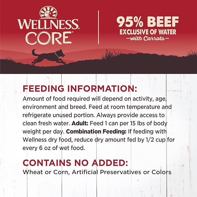 Wellness CORE 95% Adult Canned Wet Dog Food, Grain Free, Natural, Beef with Carrots Recipe, 12.5 oz, Pack of 12 Cans