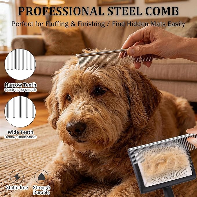 Large Slicker Brush for Dogs - Long Pin Deshedding Brush for Mats & Shedding on Long Haired Dogs, Doodles, Poodles, Goldendoodle, Labradoodle, 3pc Grooming Kits with Wooden Handle, Black