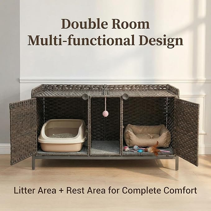 GarveeLife Cat Litter Box Enclosure Furniture, Handwoven Rattan Cat House, Hidden Cat Washroom Furniture with Door/Mat, Large Space Cat House with s-Shaped Hooks, Living Room, Bedroom