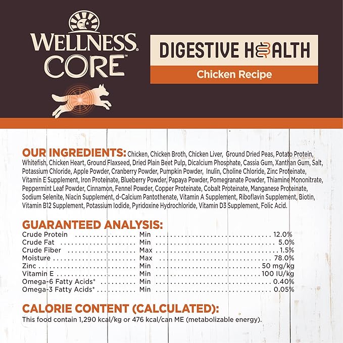 Wellness CORE Digestive Health Pate Adult Canned Wet Dog Food, Grain Free, Sensitive Stomach, Natural, Chicken Recipe, 13 oz, Pack of 12 Cans