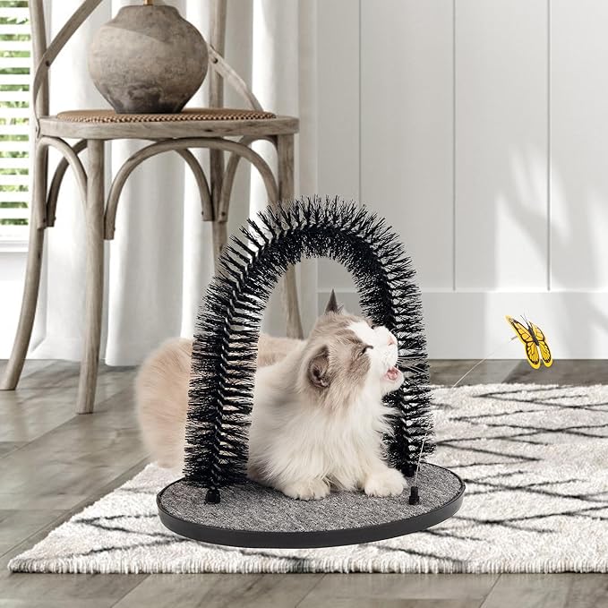 Pet Prime 2-in-1 Cat Arch Self Groomer for Indoor Cats, Back Scratcher Grooming Massage Brush with Sturdy Cat Scratching Pad Durable Brusher Butterfly Toy