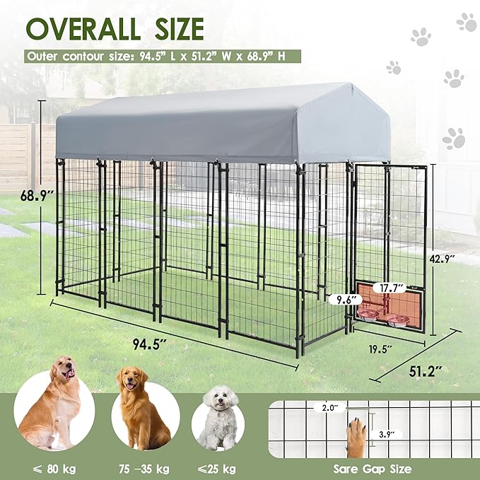 8x4x6 FT Dog Kennel Outdoor for Large Dogs,Dog Enclosure Dog Cage Pet House with UV-Resistant Waterproof Cover,Double Safety Locks,Rotating Feeding Bowls