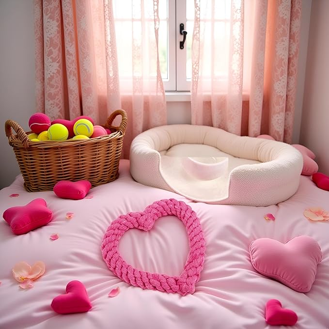 Pink Cute Dog/Cat Chew Toys, Dog Toys for Chewers, Heavy Duty Dental Dog Rope Toy for Dogs, Creative Love Heart Shaped Interactive Rope Dog Toys, Cotton Puppy Teething Chew Tug Toy Dark Pet Supplies