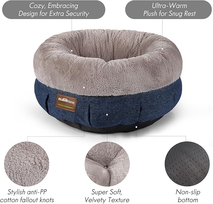 ClevaHome Calming Soft Plush Donut Cat Bed, Fluffy Round Cat Bed for Indoor Cats, Washable Kitten Bed with Plush Faux Fur, Anti-Slip Bottom, Denim Grey