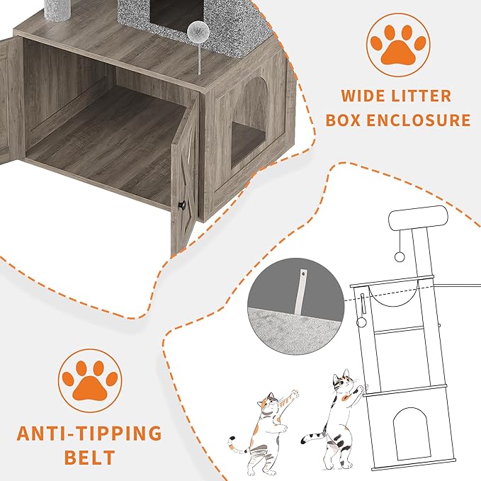 GarveeLife Litter Box Enclosure with Cat Tree, 2-in-1 Modern Cat Tower, Hidden Washroom Furniture, Wood Cat Condo with Scratching Post and Hammock, Indoor Pet Furniture with Multiple Platform, Grey