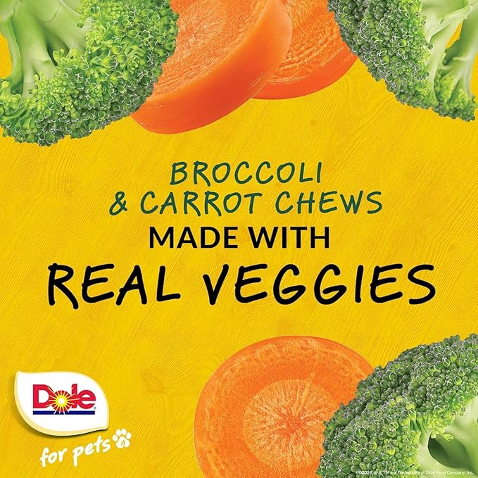 Dole for Pets Dog Chews, Assorted Broccoli + Carrot Vegetable-Flavored Treats, No Artificial Colors Flavors or Preservatives, No Wheat Corn Soy, Plant Based Dog Treats, 7.05 Oz Bag - 6 Pack