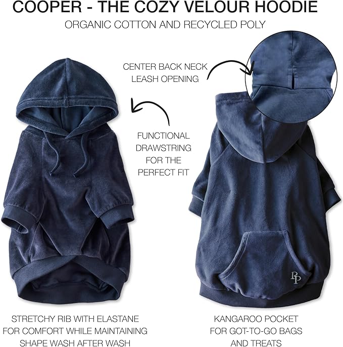 Pet Passion Cooper II Organic Cotton Velour Dog Hoodie Pet Coat for Small, Medium and Large Dogs, Navy, XXX-Small (up to 5lbs)