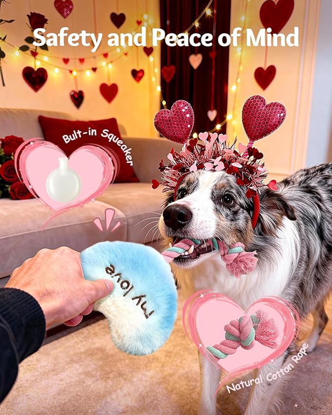 Swooflia 4 Pcs Pink Valentines Dog Toys - Cute Plush Squeaky Dog Toys, Cat Dog Scarf Headband for Puppy Pet to Keep Them Busy (Not for Big & Aggressive Chewer)