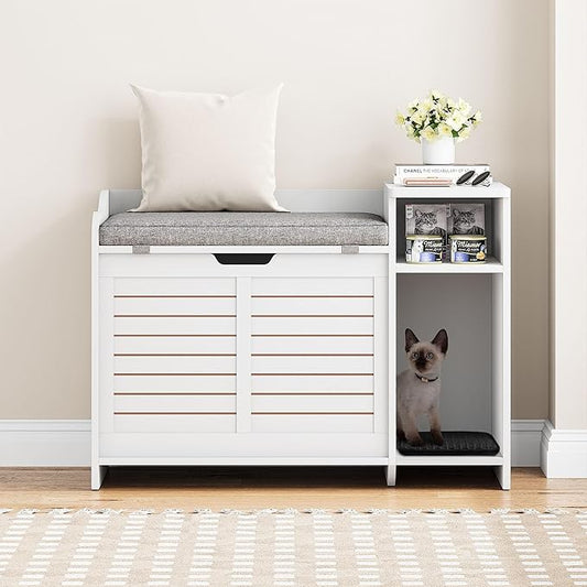 Wooden Cat Litter Box Enclosures with Storage Shelf - Hidden Litter Box Furniture for Cat with Cushion & Mat - Litter Box Cabinet