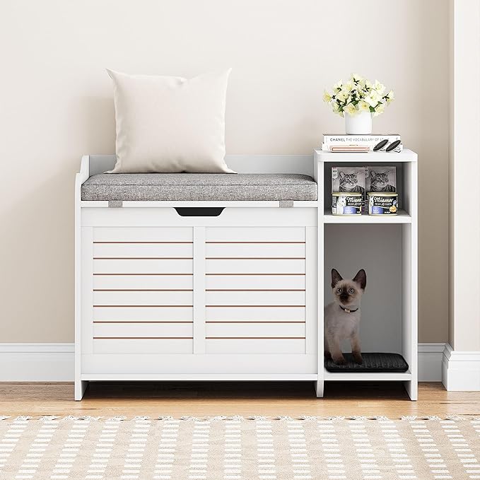 Cat Litter Box Enclosures Large Hidden Cat Litter Box Furniture Enclosure w/Top Opening Door, Wooden End Table Pet House w/Storage Shelf, Cushion & Mat, Dog Proof Design for Easy Cleaning
