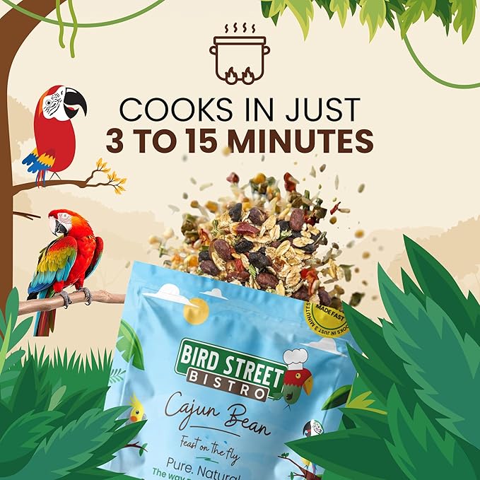 Bird Street Bistro Parrot Food for Parakeets & Cockatiels - Cajun Bean - 20 oz - Cooks in 3-15 min, Natural Grains, Fruits & Vegetables - USA Made