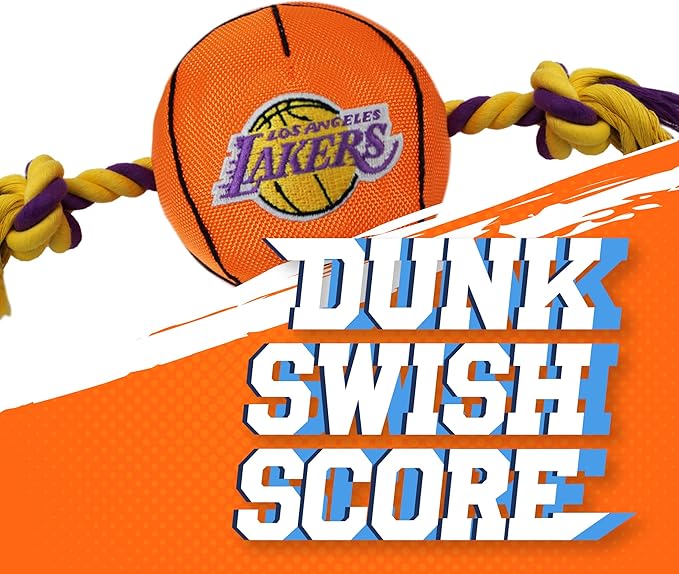 Pets First NBA LOS ANGELES LAKERS Basketball Toy. - Tough Nylon Pet Toy with Tug Ropes & inner Squeaker, One Size, LAK-3105