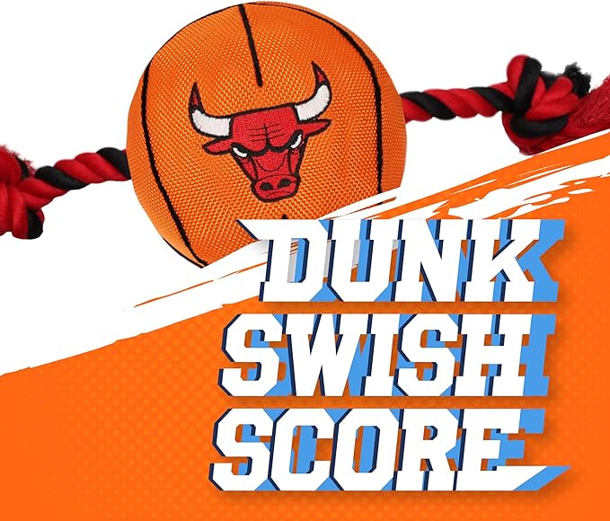 Pets First NBA Chicago Bulls Basketball Toy. - Tough Nylon Pet Toy with Tug Ropes & Inner Squeaker, One Size, BUL-3105