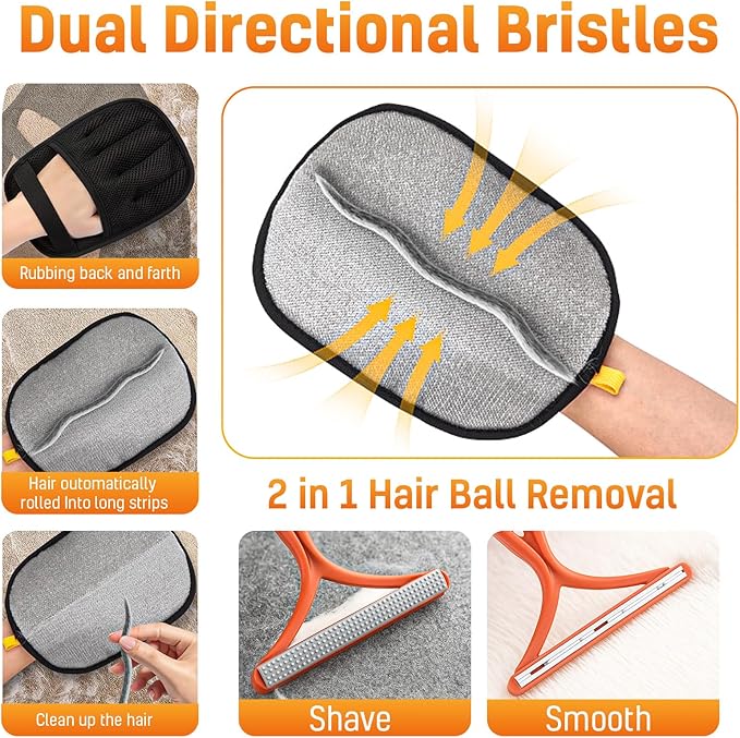 Large Pet Hair Removal Gloves for Cats (3pcs) Electrostatic Magic Brush for Clothes, Beds, Sofa, Carpets | Reuseable | Thickened Newly Upgraded | Fur Remover Mitt for Dogs, 2 Gloves + 1 Lint Scraper