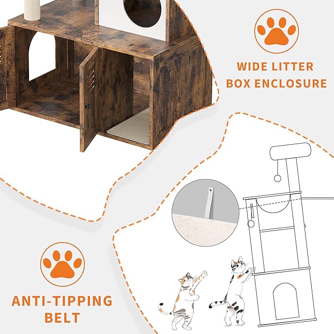 Modern Wooden Cat Tower with Hidden Litter Box Enclosure, Multi-Level Cat Condo, Scratching Posts, Cozy Hanging Basket & Toy, Durable Cat Tree Furniture for Indoor Cats, Vintage Brown