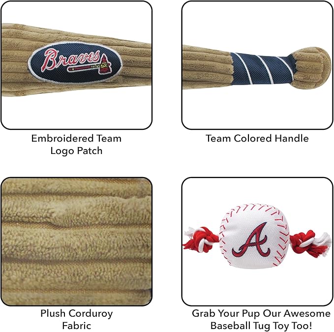 MLB Atlanta Braves Baseball Bat Toy for DOGS & CATS. Soft Corduroy Plush Dog Toy with Inner SQUEAKER, MLB Chew Toys for Dogs or Cats. Durable Fun Interactive Dog Toy with Team Names and Logo