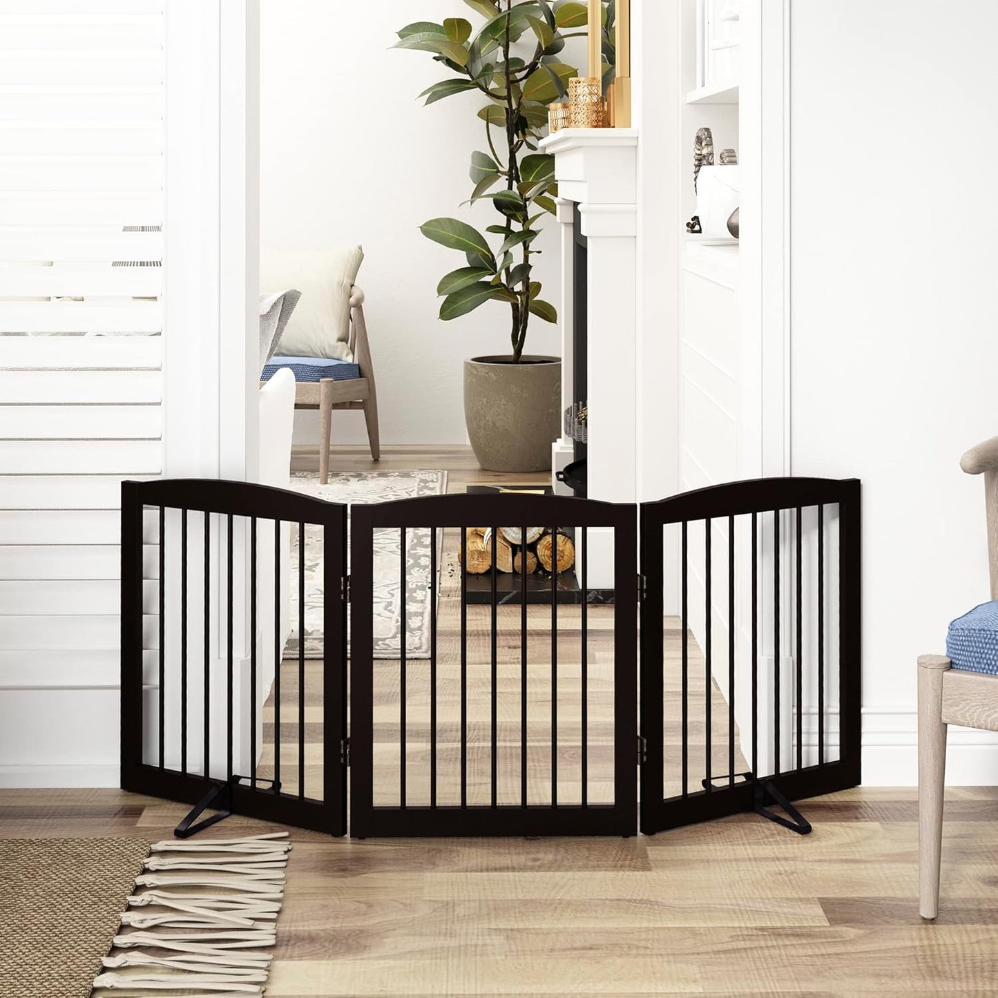 Freestanding Pet Gate for Dogs, Foldable Wooden Dog Gate for House, Indoor Dog Gate for Doorways, Stairs, Gates for Dogs Indoor, Support Feet Included, 24" Height 3 Panels, Brown