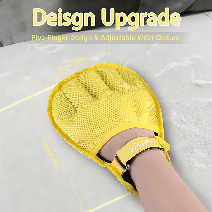 VINGER Pet Hair Removal Glove for Cats & Dogs, Electrostatic Pet Hair Gloves with Adjustable Wristband, Five-Finger Magic Brush Remover Tool for Laundry, Carpet, Couch, Car Seats & Clothing (Yellow)