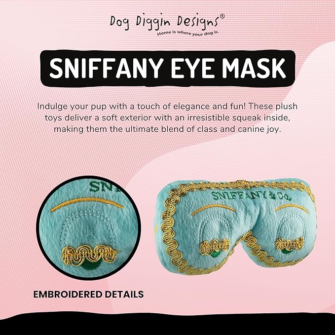 Dog Diggin Designs Sniffany & Co Plush Eye Mask Dog Toy | Luxury-Inspired Parody Fashion Accessory with Built-in Squeaker, Soft Plush Novelty Dog Toy & Chic Playtime Accessory