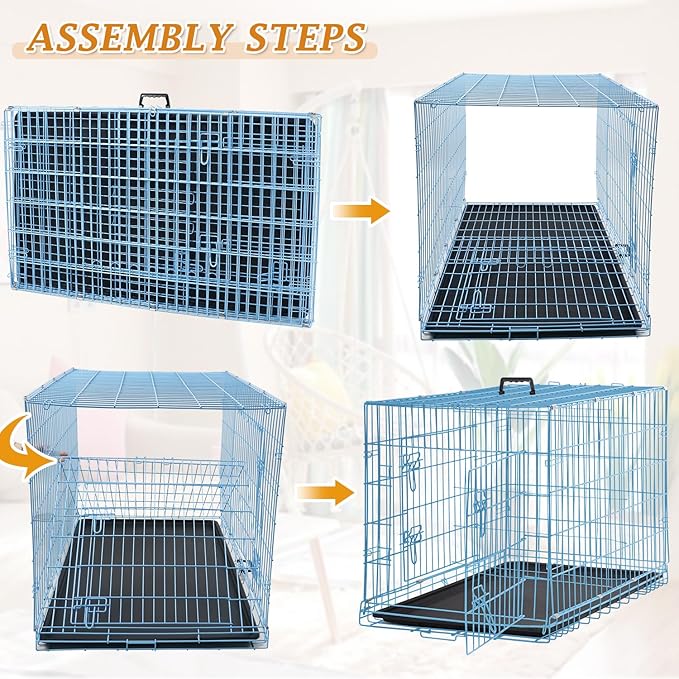 Dog Crate Dog Kennel Cage 42” Portable Foldable Indoor Outdoor Large Double Door Wire Metal Puppy Cat Pet Dog Cage with ABS Tray LC & Divider, Blue