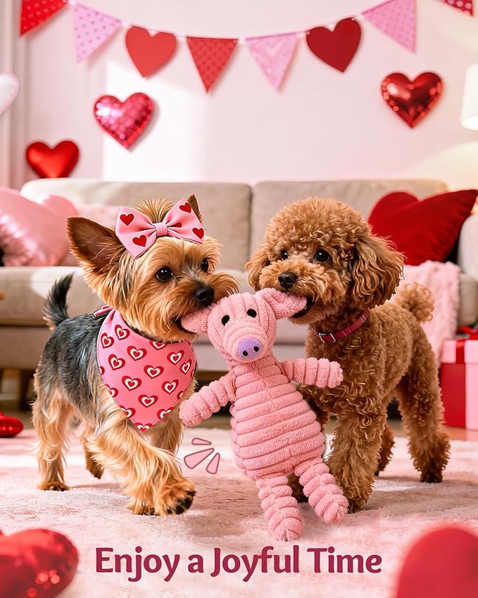 Swooflia 4 Pcs Pink Valentines Dog Toys - Cute Plush Squeaky Dog Toys, Cat Dog Scarf Headband for Puppy Pet to Keep Them Busy (Not for Big & Aggressive Chewer)