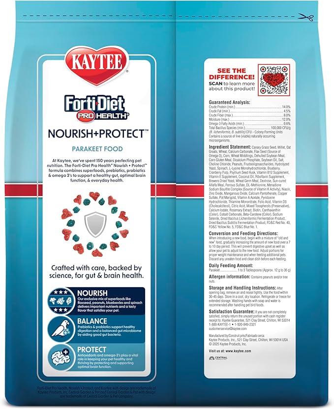 Kaytee Forti-Diet Pro Health Nourish+Protect Parakeet Food,Comprehensive Nutrition Backed by Science,Digestive Health,Immune Support,4 pounds,(Pack of 2)