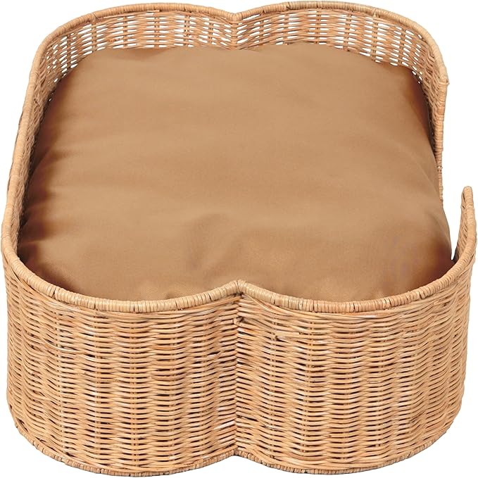 DBD1002B Scallop Handwoven Water Hyacinth Pet Bed with Machine Washable Cushion, 27" x 18.25" Wicker Cat and Dog Bed for Small to Medium Pets, Boho Tropical Style Basket, Light Brown