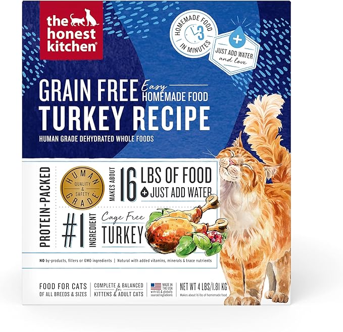The Honest Kitchen Human Grade Dehydrated Cat Food, Grain Free Turkey Cat Food, 4 lb Box