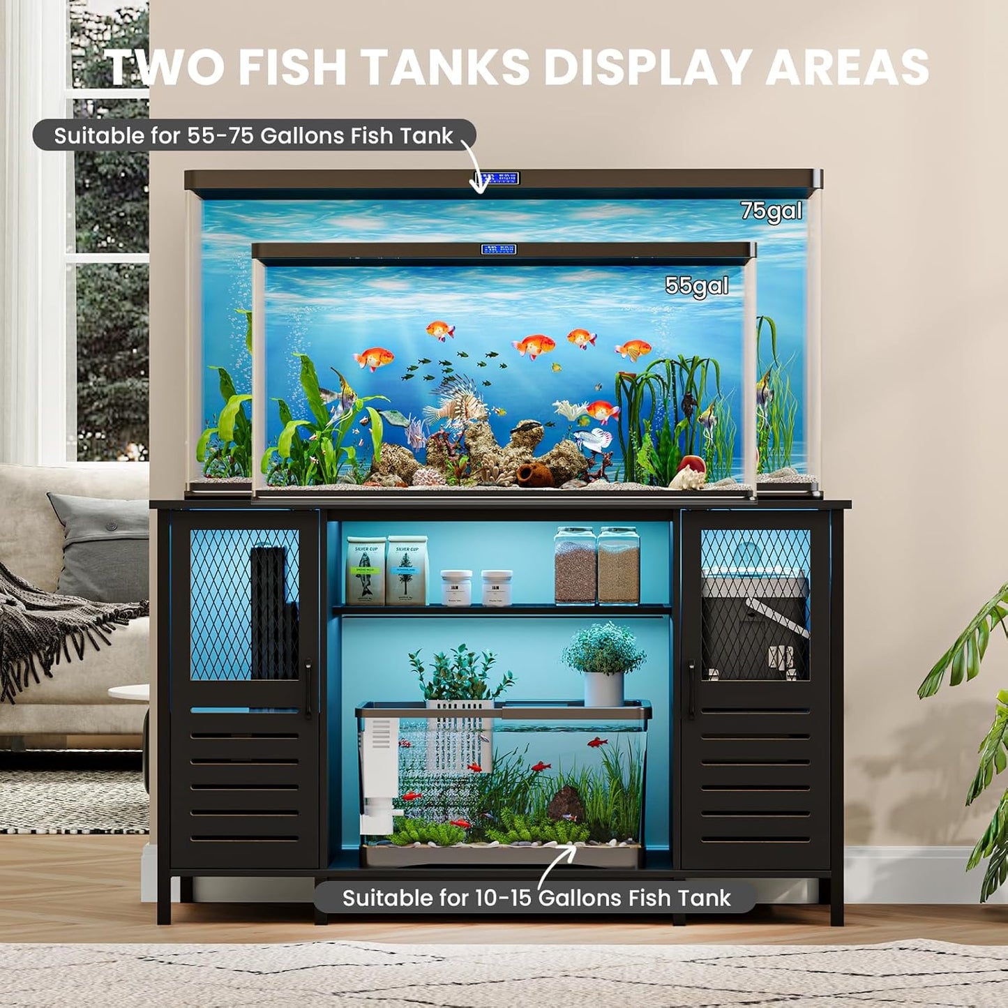 EAG 55-75 Gallon Fish Tank Stand with Power Outlets & LED Light, Heavy Duty Aquarium Stand with Adjustable Shelves, Turtle Reptile Terrarium Tank Stand with Cabinet, 1250LBS Capacity, Black