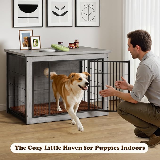 Dog Crate Furniture with Thick Cushion, Side End Table Wooden Dog Cage with Double Doors, Chew-Resistant Dog Kennel Dog House Indoor for Small to Large Dog