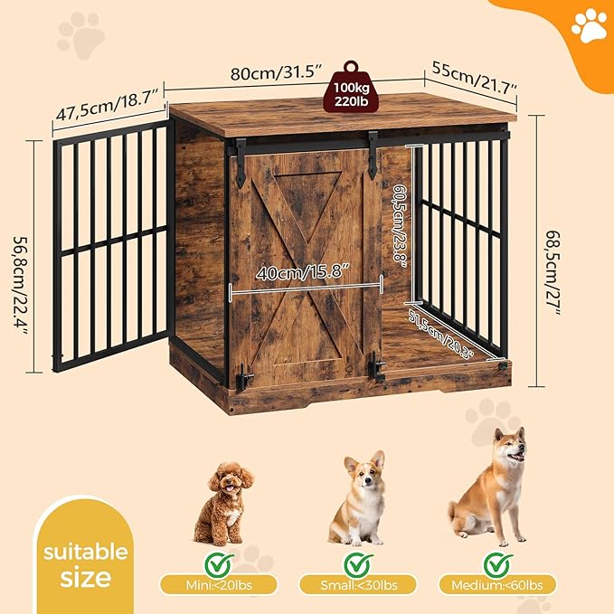 MAHNACRIS 31.5" Farmhouse Dog Crate Furniture with Barn Door, Heavy Duty Dog Kennel for Small Medium Dogs, Wooden Dog Cage End Table, Decorative Pet House, Chew Resistant, Rustic Brown DCHR8001