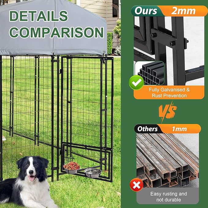 8x4x6 FT Outdoor Dog Kennels for Large Dogs, Heavy Duty Welded Wire Steel Outside Dog Kennel with Roof, Dog Pens with 2 Rotating Dog Bowls, Dog Playpen Fence with Secure Lock for Backyard