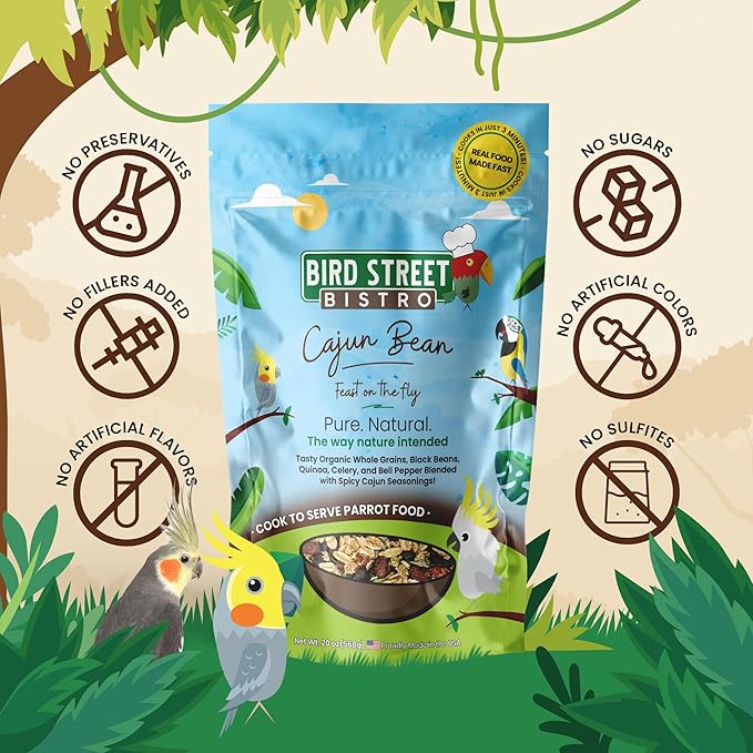Bird Street Bistro Parrot Food for Parakeets & Cockatiels - Cajun Bean - 20 oz - Cooks in 3-15 min, Natural Grains, Fruits & Vegetables - USA Made