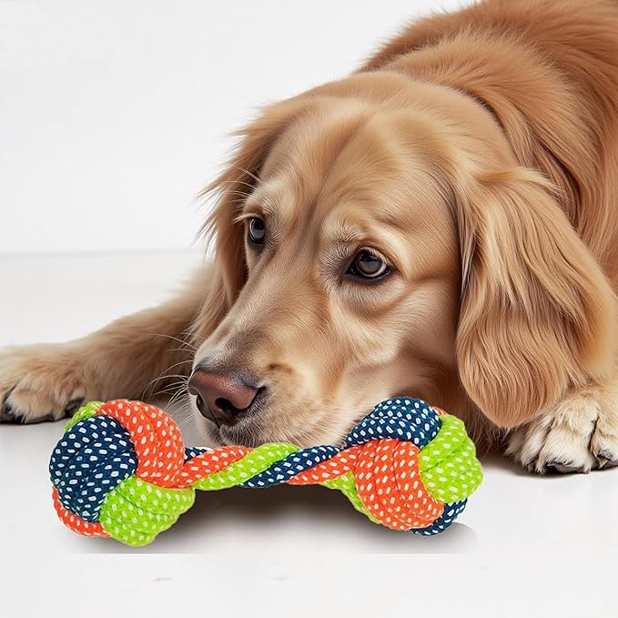 Cotton Rope Dog/Cat Toy, Handmade Braided Dumbbell Style Crew Toy, Multicolor Chew Toy for Dogs/Cats, Tough Dental Knot (1-Piece Set)