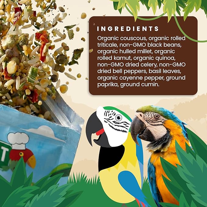 Bird Street Bistro Parrot Food for Parakeets & Cockatiels - Cajun Bean - 20 oz - Cooks in 3-15 min, Natural Grains, Fruits & Vegetables - USA Made