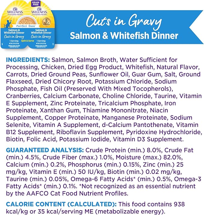 Wellness Complete Health Purrfect Duos Cuts in Gravy Adult Wet Cat Food, Natural, Protein Rich, Grain Free, Salmon and Whitefish Dinner Recipe, 2.64 oz, Pack of 12 Split Cups