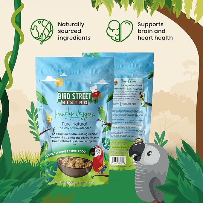 Bird Street Bistro Parrot Food for Parakeets & Cockatiels - Hearty Veggies - 20 oz - Cooks in 3-15 min, Natural Grains, Fruits & Vegetables - USA Made
